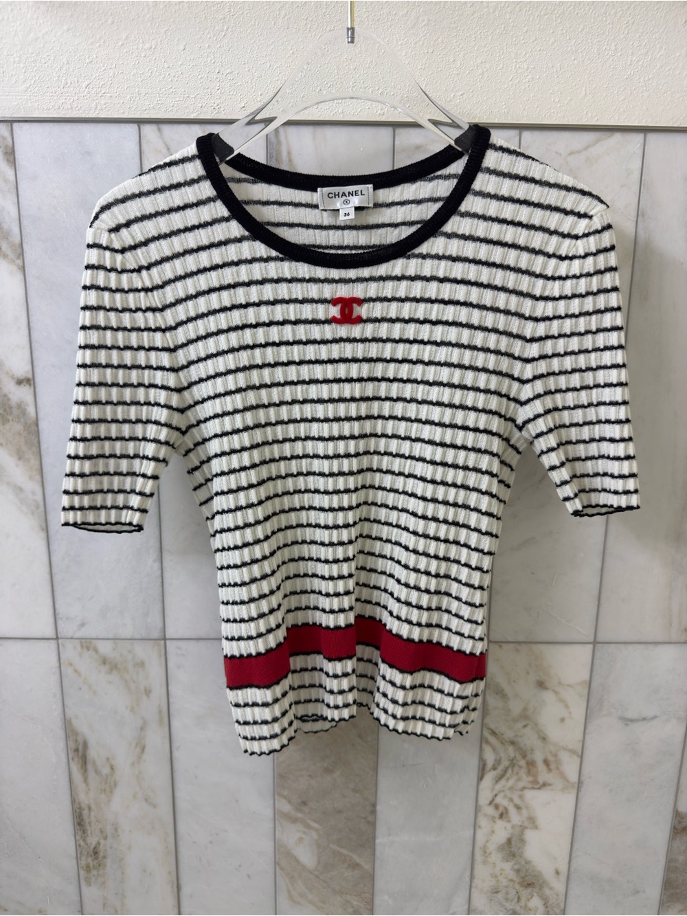 CHANEL Black & White Striped Knit Tee with Red Trim